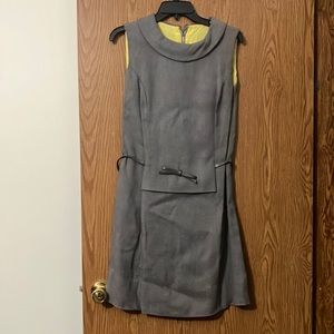Vintage 1960s Gray & Yellow Cotton Dress with Vinyl Bow Belt Accent Size 14